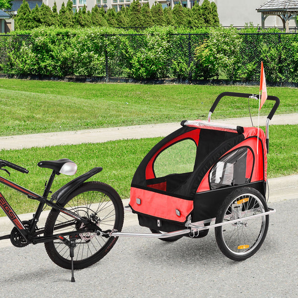 Reboque de Bicicleta 2 EM 1 para crianças de 2 lugares com Amortecedores Convertível em carrinho com barra e kit de corrida 129x85x105cm Vermelho