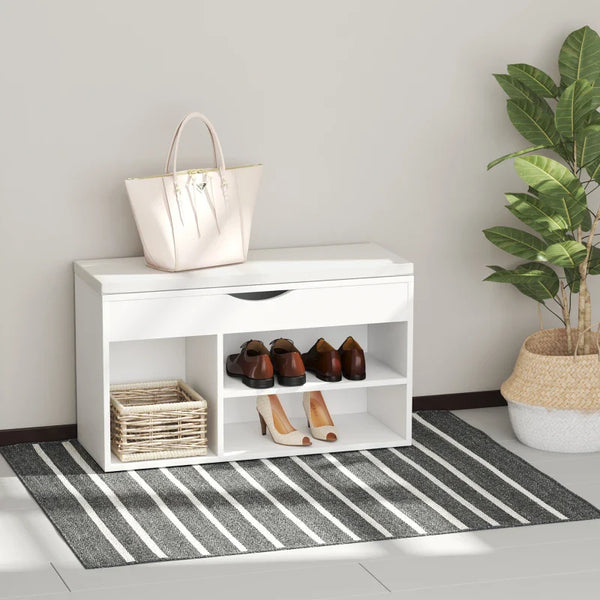 Banco Sapateira com Armazenamento Gaveta Prateleira e Assento Acolchoado para Entrada Estilo Moderno 80x30x47cm Branco