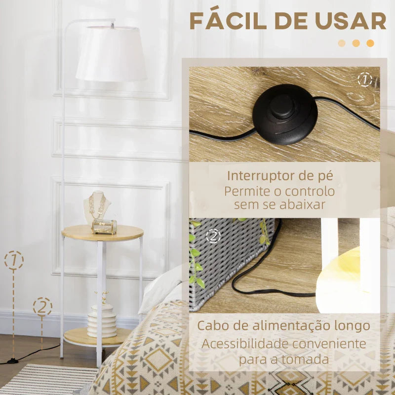 Candeeiro de Pé Moderno com Prateleira Candeeiro com Prateleira Suporte para Lâmpada E27 Máx. 40W com Ecrã de Linho Interruptor de Pé para Sala de Estar Dormitório Ø37x162cm Branco e Madeira