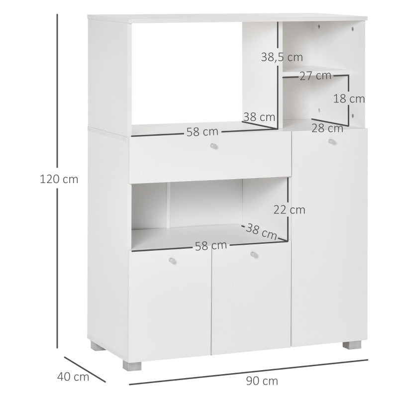 Aparador Auxiliar para Microondas Buffet de Cozinha com 2 Armários com Portas 1 Gaveta e Prateleiras de Armazenamento 90x40x120cm Branco