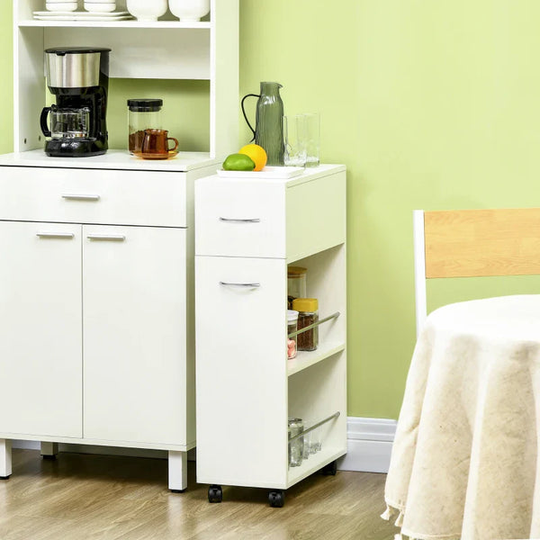 Carrinho de Cozinha com 1 Gaveta e 2 Prateleiras Abertas Carrinho de Cozinha Auxiliar cm Rodas para Sala de Jantar Casa de Banho 25x50x85cm Branco