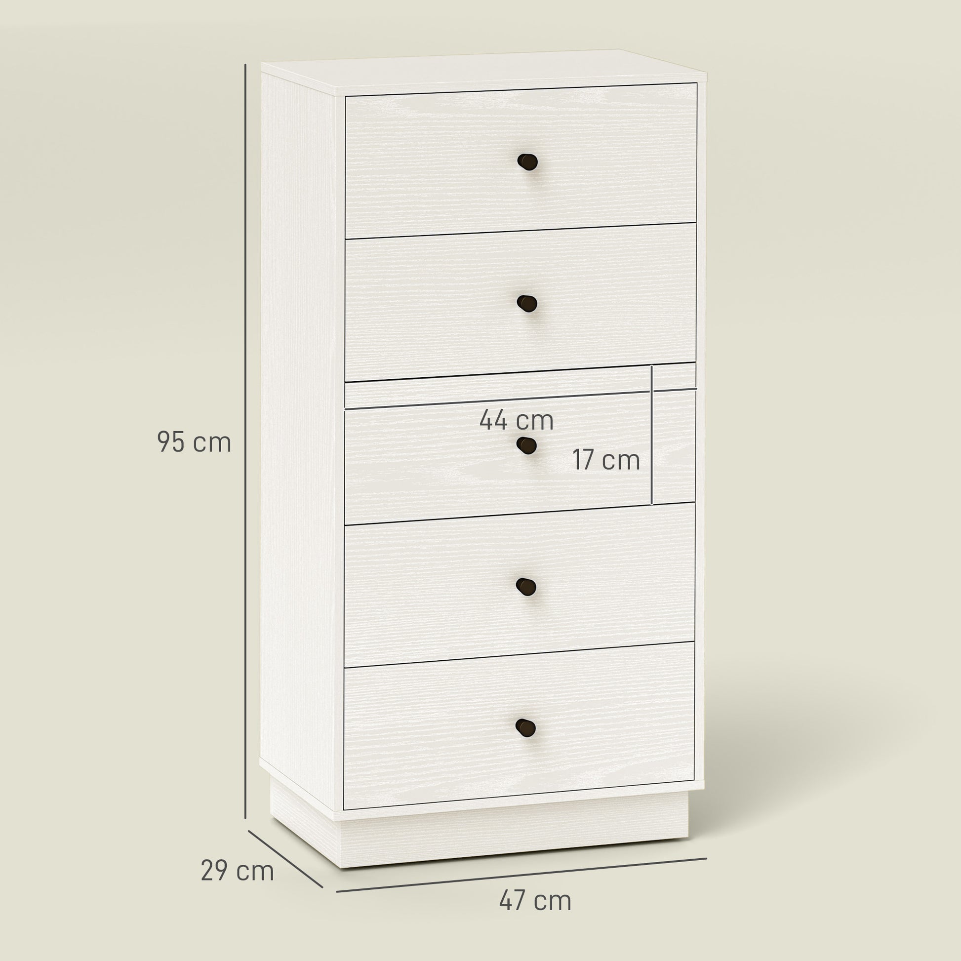Cómoda com 5 Gavetas Cómoda de Quarto Estreita com Anti-Tombo Gaveteiro Alto para Sala de Estar Corredor 47x29x95 cm Branco