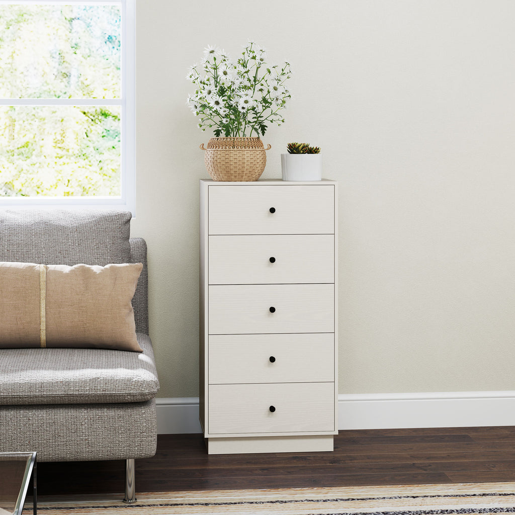 Cómoda com 5 Gavetas Cómoda de Quarto Estreita com Anti-Tombo Gaveteiro Alto para Sala de Estar Corredor 47x29x95 cm Branco