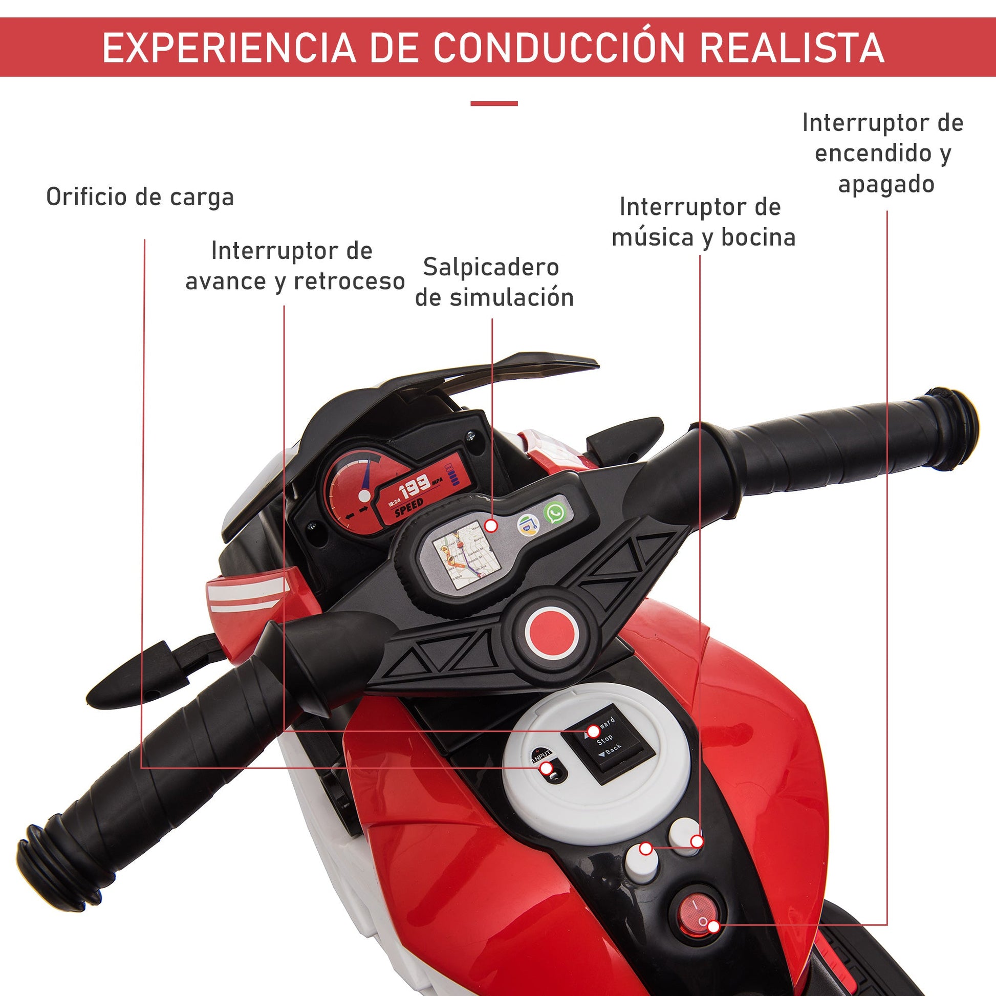 Motocicleta Elétrica Infantil com 3 Rodas Triciclo para Crianças acima de 3 anos com Bateria 6V Recarregável Funções de Música Buzina Faróis 86x42x52cm Preto e Vermelho