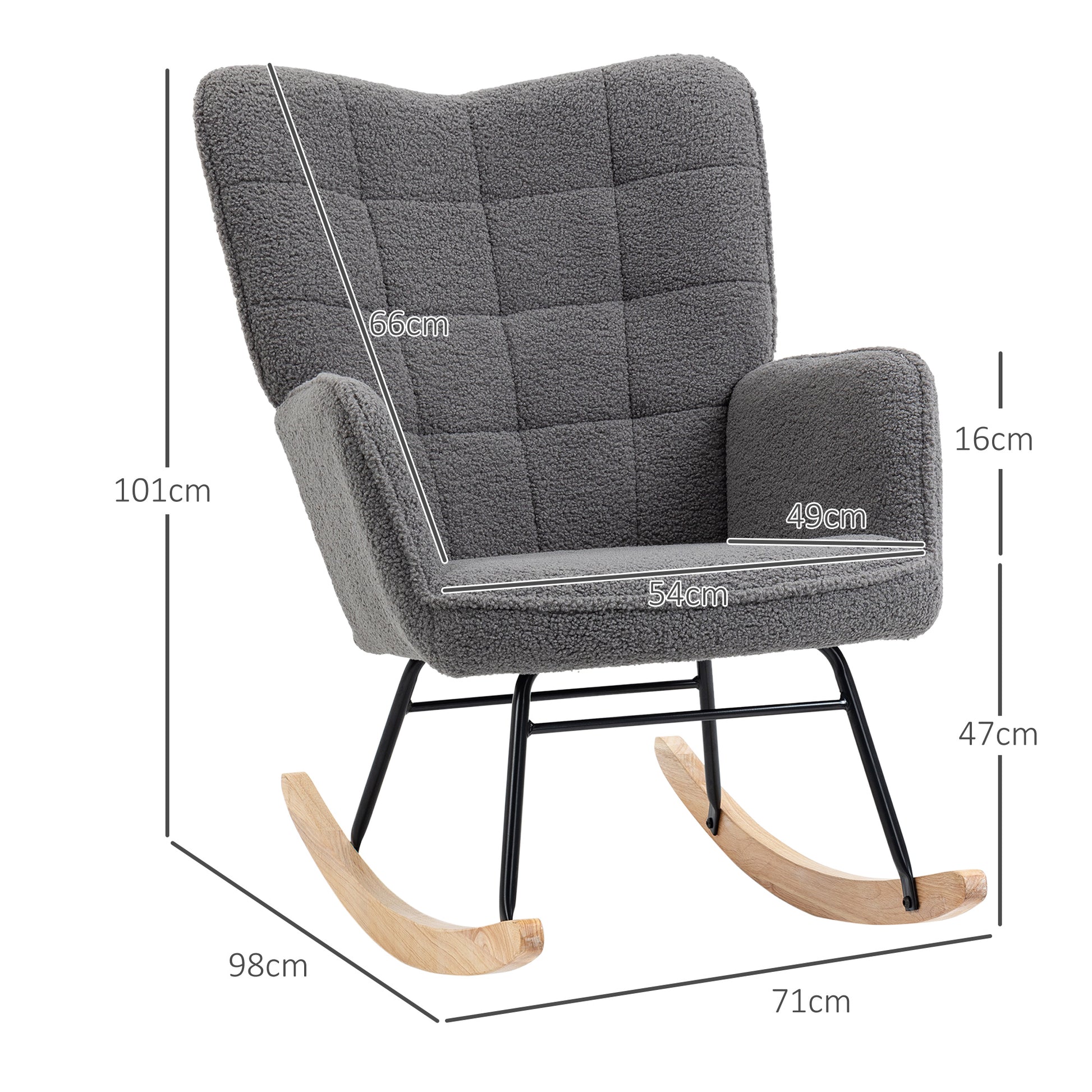 Poltrona Baloiço Poltrona de Sala de Estar Oscilação de 40° com Pés de Madeira de Faia e Estrutura de Aço para Dormitório Carga Máxima 120 kg 71x92x101 cm Cinzento Escuro