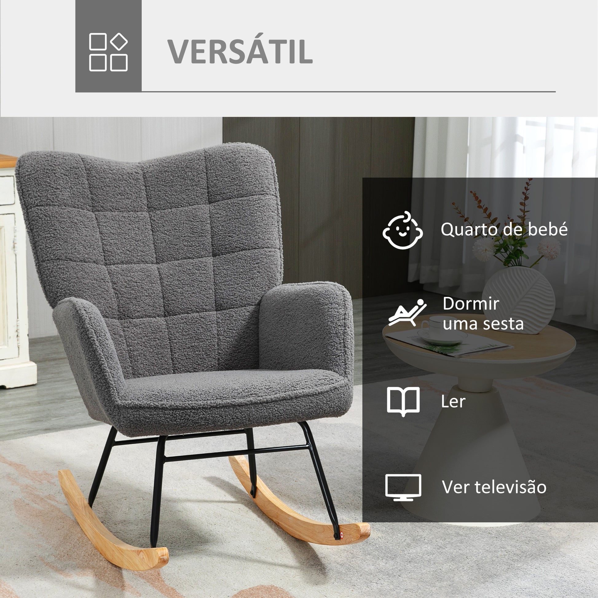Poltrona Baloiço Poltrona de Sala de Estar Oscilação de 40° com Pés de Madeira de Faia e Estrutura de Aço para Dormitório Carga Máxima 120 kg 71x92x101 cm Cinzento Escuro