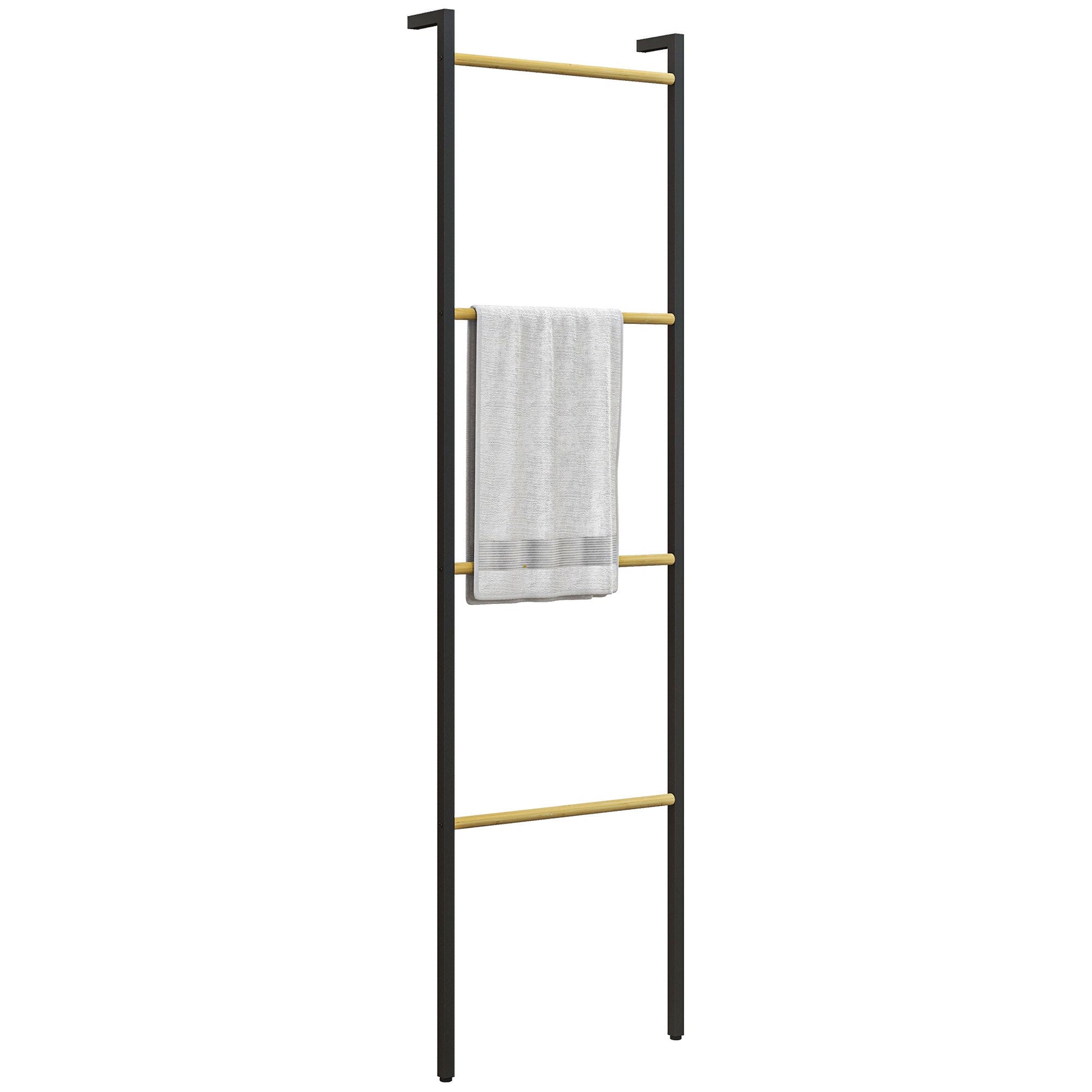 Toalheiro de 4 Níveis Toalheiro Escada Apoiado na Parede Toalheiro Casa de Banho com 4 Barras de Bambu e Estrutura de Aço 49x5,5x167,5 cm Preto e Madeira