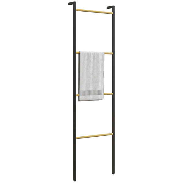 Toalheiro de 4 Níveis Toalheiro Escada Apoiado na Parede Toalheiro Casa de Banho com 4 Barras de Bambu e Estrutura de Aço 49x5,5x167,5 cm Preto e Madeira
