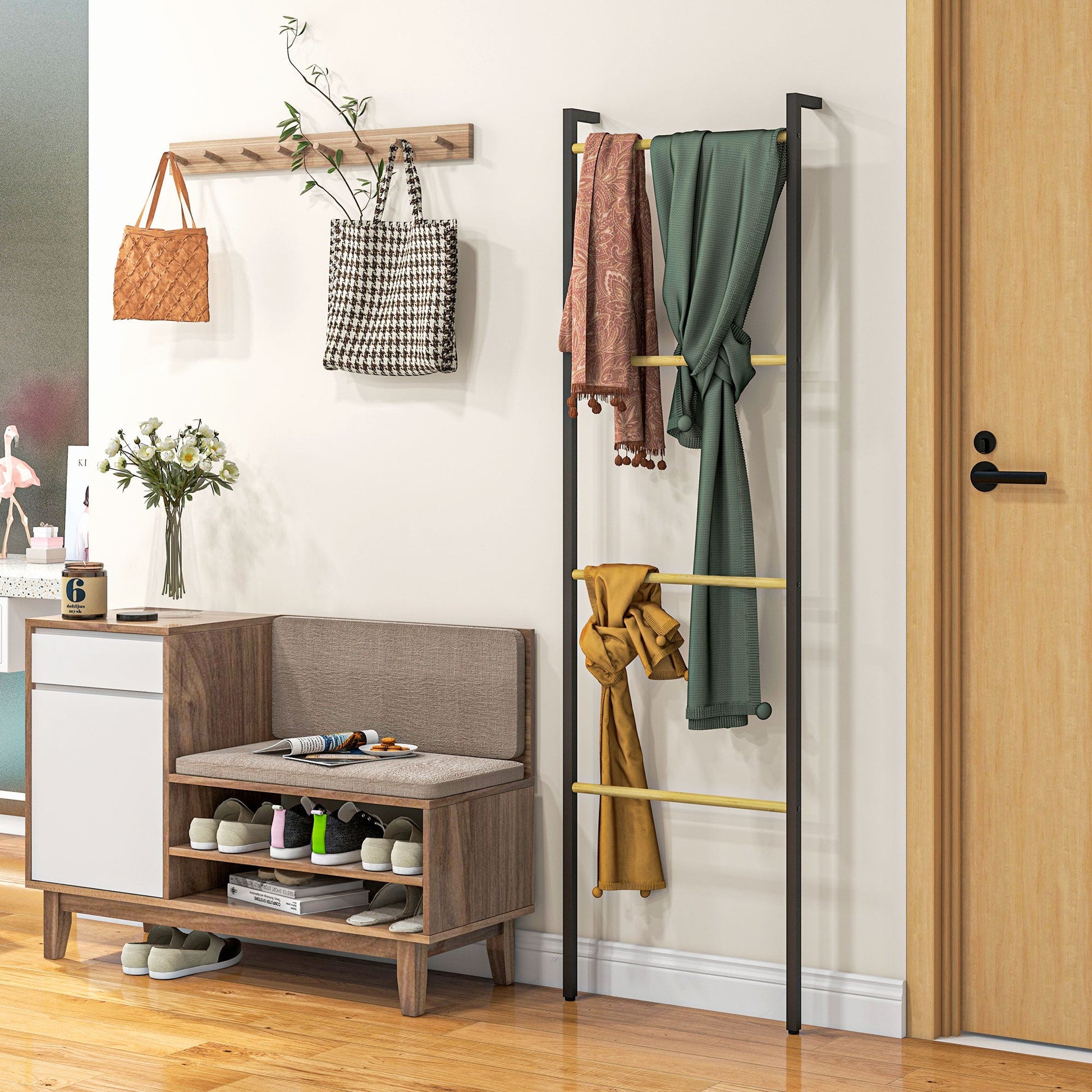 Toalheiro de 4 Níveis Toalheiro Escada Apoiado na Parede Toalheiro Casa de Banho com 4 Barras de Bambu e Estrutura de Aço 49x5,5x167,5 cm Preto e Madeira