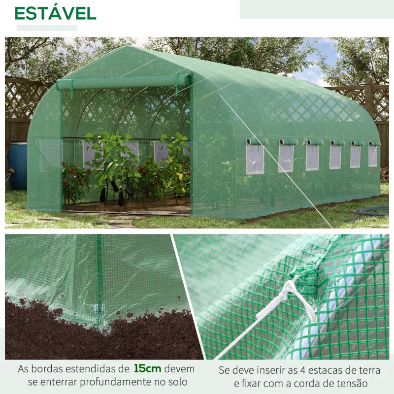 Estufa Tipo Túnel 595x300x200cm Estufa de Jardim Grande com 12 Janelas e Porta Enrolável com Zíper para Cultivo de Plantas Verde