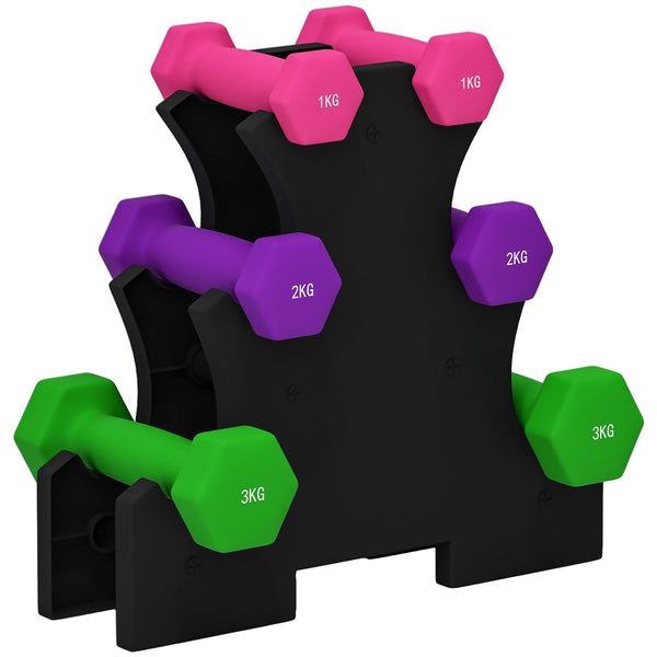 SPORTNOW Jogo de Halteres 2x1 kg 2x2 kg 2x3 kg Conjunto de Halteres Hexagonais com Suporte de Armazenamento para Exercício Treino em Casa Ginásio Multicolor