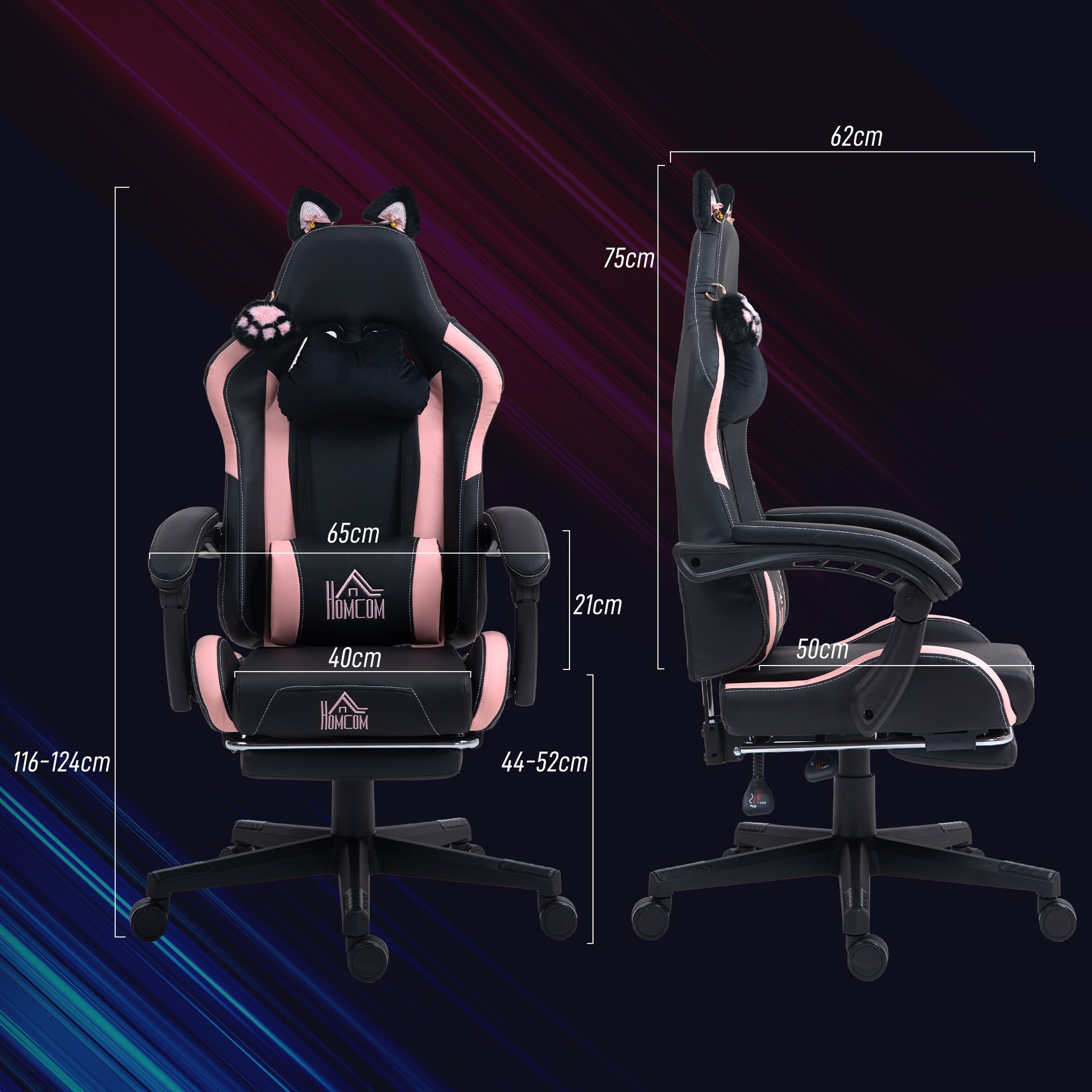 Cadeira Gaming com Orelhas Cadeira Gamer Reclinável com Altura Ajustável Apoio para os Pés Retrátil Suporte Lombar e Apoio para a Cabeça Desmontável Cadeira para Escritório 65x62x116-124 cm Preto