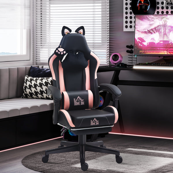 Cadeira Gaming com Orelhas Cadeira Gamer Reclinável com Altura Ajustável Apoio para os Pés Retrátil Suporte Lombar e Apoio para a Cabeça Desmontável Cadeira para Escritório 65x62x116-124 cm Preto