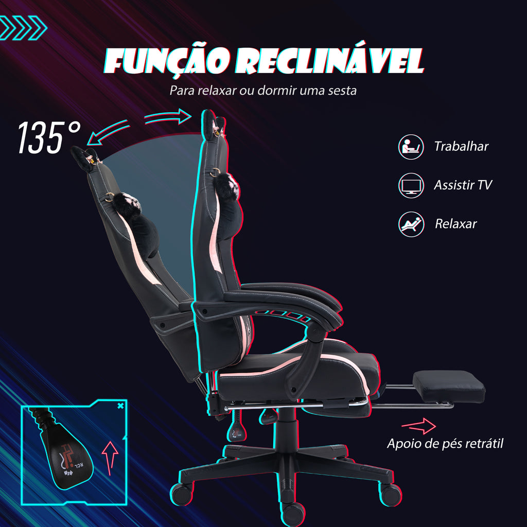 Cadeira Gaming com Orelhas Cadeira Gamer Reclinável com Altura Ajustável Apoio para os Pés Retrátil Suporte Lombar e Apoio para a Cabeça Desmontável Cadeira para Escritório 65x62x116-124 cm Preto