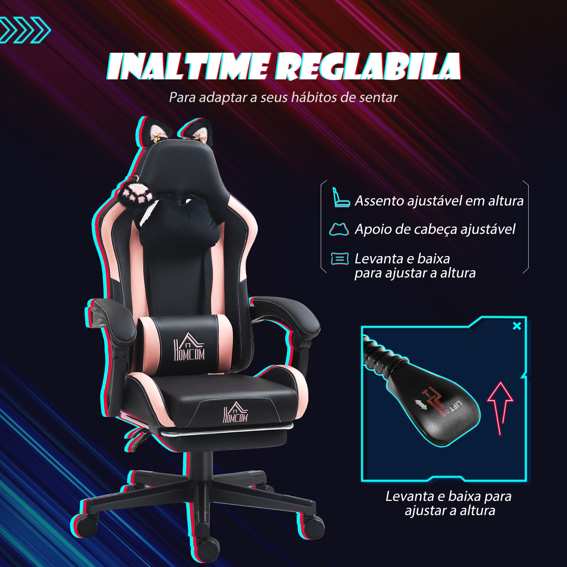 Cadeira Gaming com Orelhas Cadeira Gamer Reclinável com Altura Ajustável Apoio para os Pés Retrátil Suporte Lombar e Apoio para a Cabeça Desmontável Cadeira para Escritório 65x62x116-124 cm Preto