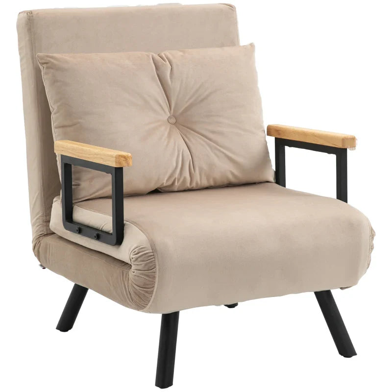 Poltrona Convertível em Cama Dobrável Poltrona 3 em 1 Convertível em Cama com Encosto Ajustável em 5 Níveis e Almofada Acolchoada para Escritório Sala de Estar Carga 120 kg 63x73x81 cm Bege