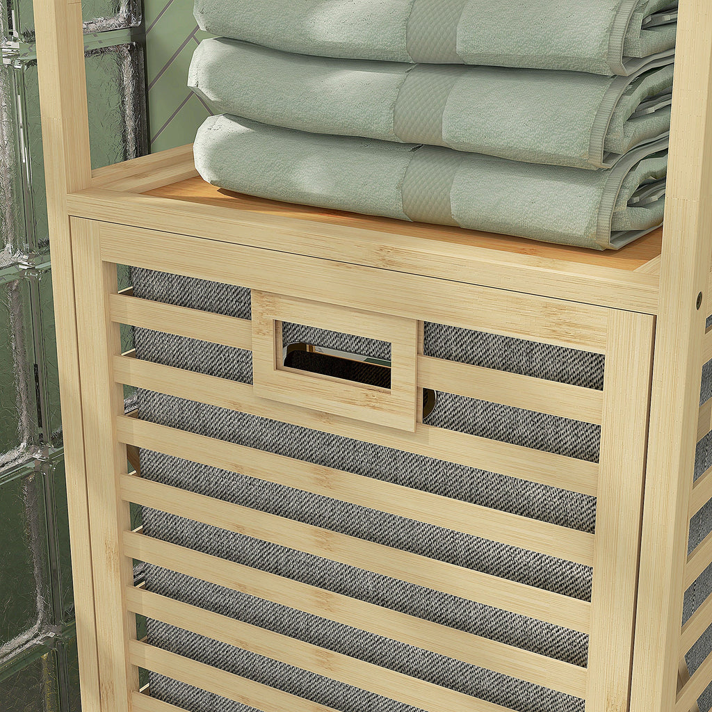 Estante de Casa de Banho em Bambu Estante de Armazenamento de Casa de Banho com 3 Prateleiras e 1 Cesto para Roupa Suja Removível 44x33x160 cm Natural