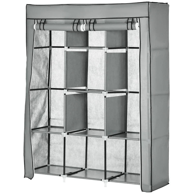 Roupeiro de Tecido Dobrável Armário Portátil com 8 Prateleiras de Armazenamento e 2 Barras de Pendurar Organizador de Roupa para Dormitório Vestidor 125x43x162,5cm Cinza Claro