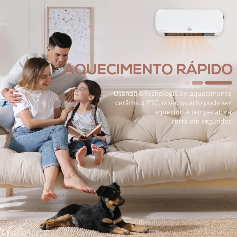 Aquecedor Cerâmico de Parede 1000W/2000W com Controle Remoto 3 Modos de Aquecimento Temporizador de 12h Termostato e Proteção contra Superaquecimento 45x18,6x11,5cm Branco