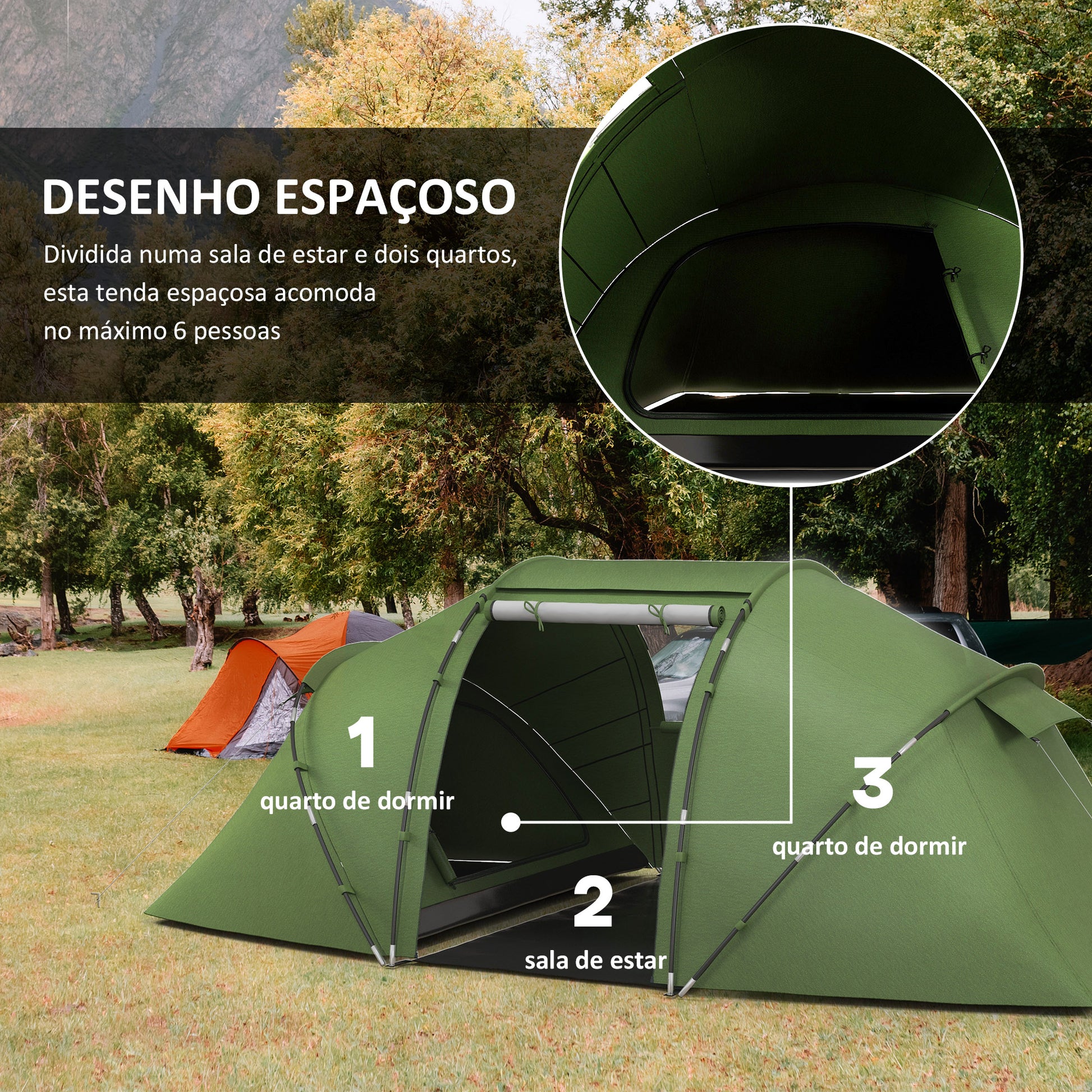 Tenda de Campismo Familiar para 4 Pessoas Tenda de Campismo Dobrável com Bolsa de Transporte Impermeável para Praia Parque 430x240x170 cm Verde