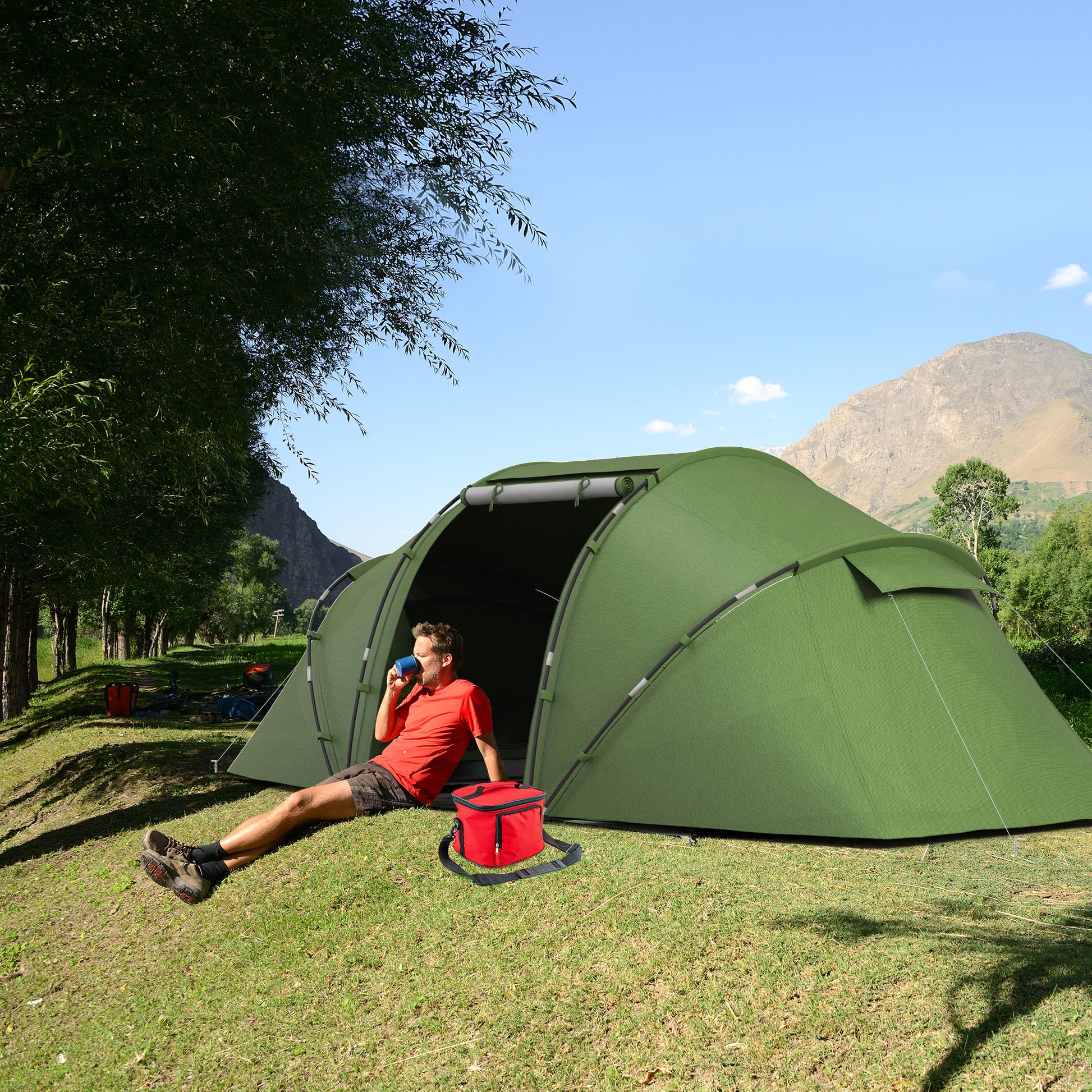 Tenda de Campismo Familiar para 4 Pessoas Tenda de Campismo Dobrável com Bolsa de Transporte Impermeável para Praia Parque 430x240x170 cm Verde
