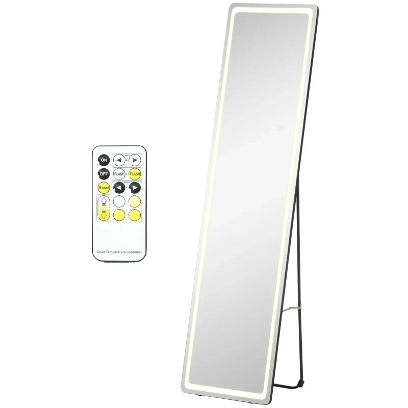 Espelho de Pé de Corpo Inteiro Espelho de Pé com Luzes LED Controlo Remoto 3 Cores de Luzes Ajustável Brilho Ajustável e Estrutura de Alumínio 40x51x156,5cm Prata e Preto
