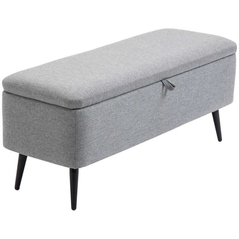 Banco de Armazenamento Estofado em Linho com Tampa Abatível e Pés de Aço para Dormitório Sala de Estar Entrada Carga Máxima 150kg 101x38,5x44,5 cm Cinza