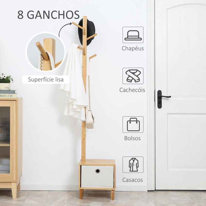 Cabide de Pé de Bambu com Banco Gaveta de Tecido e 8 Ganchos para Pendurar Roupa Bolsas Casacos para Entrada Sala de Estar Corredor 35x35x177cm Natural