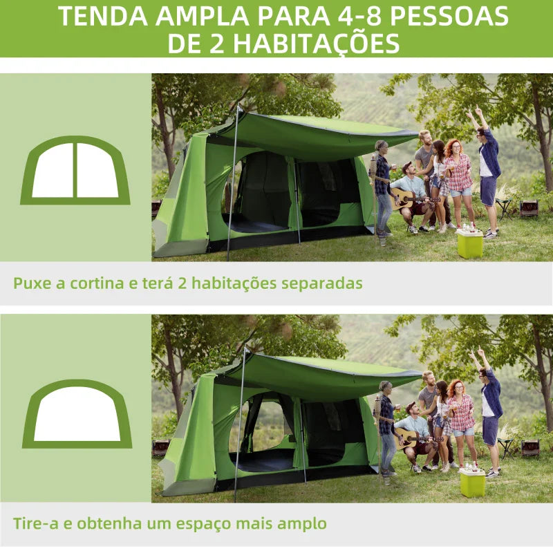 Tenda de Campismo Familiar para 4 Pessoas Tenda de Campismo Portátil Impermeável com Bolsa de Transporte Rede Mosquiteira e Proteção Solar 410x-310x225cm Verde