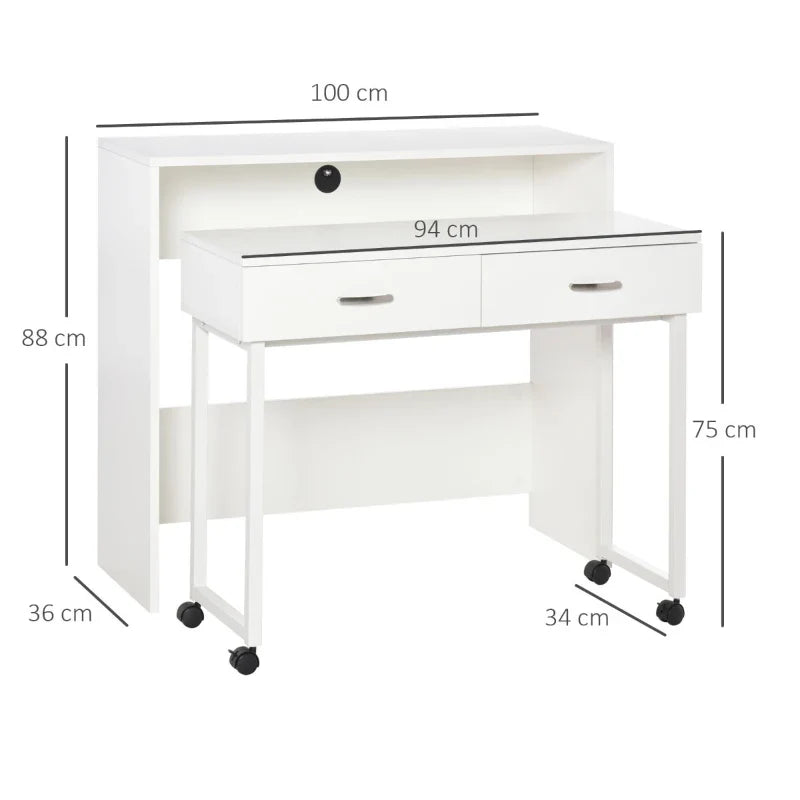 Conjunto de 2 mesas secretária para escritório com rodas 2 gavetas 100x36x88 cm Branco