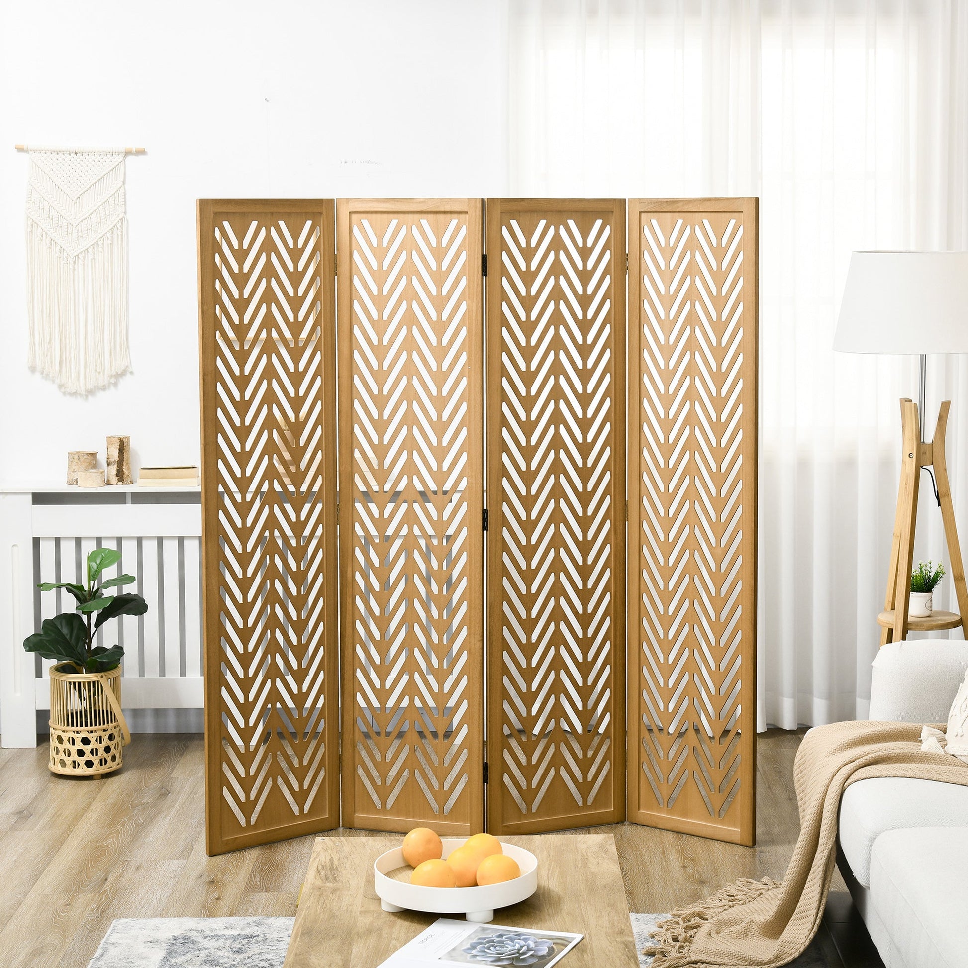 Biombo de 4 Painéis Separador de Ambientes Dobrável 160x1,7x170 cm Divisor de Ambientes de Madeira com Padrões Geométricos para Escritório Dormitório Madeira