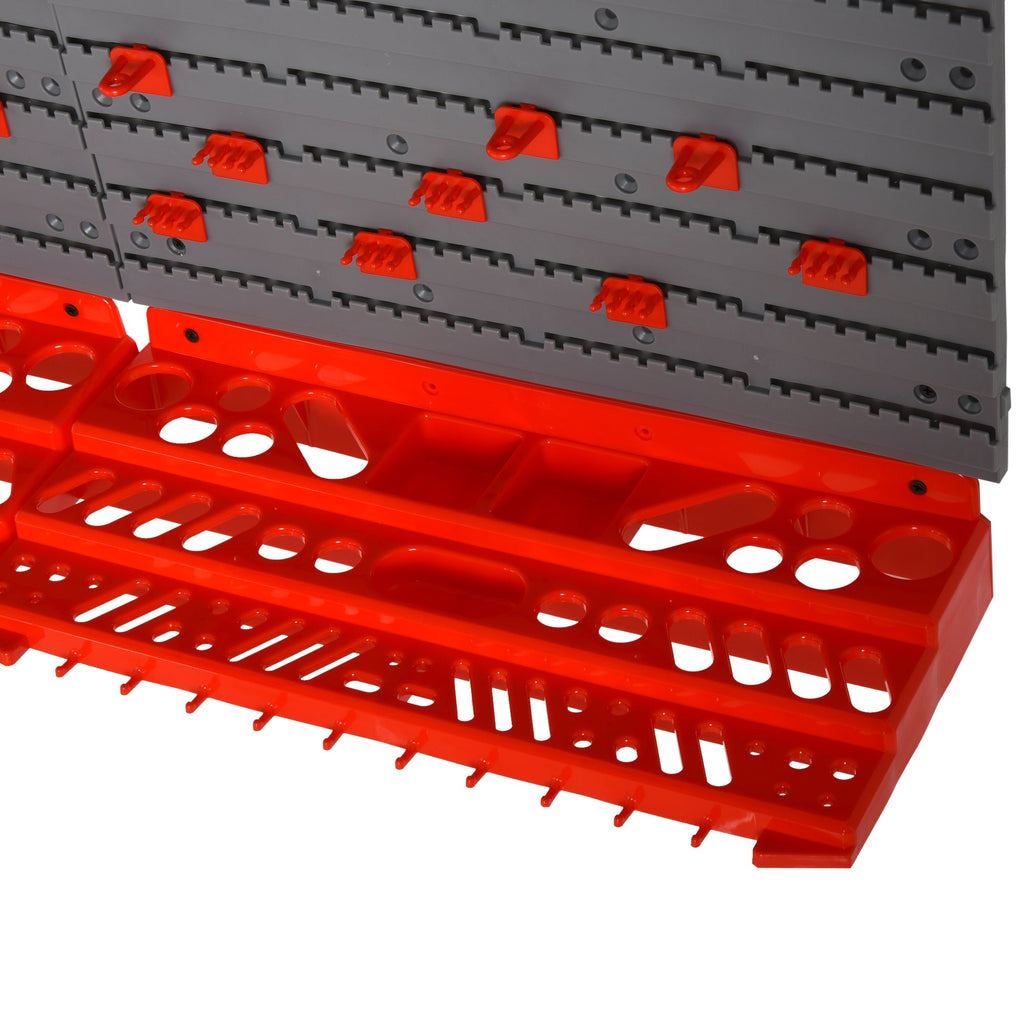 Estante de Parede com Sistema de Armazenamento 95,5x23x53,5cm Suporte para Ferramentas com 54 Peças 50 Ganchos para Oficina Garagens Vermelho e Cinza
