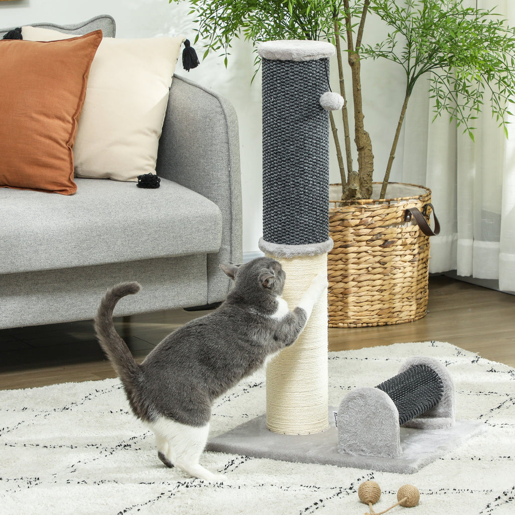 PawHut Arranhador para Gatos 85 cm Arranhador para Gatos com Poste de Sisal Escova de Auto Higiene e Bola Suspensa Cinza e Creme