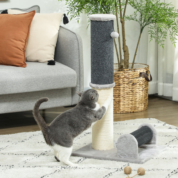 PawHut Arranhador para Gatos 85 cm Arranhador para Gatos com Poste de Sisal Escova de Auto Higiene e Bola Suspensa Cinza e Creme