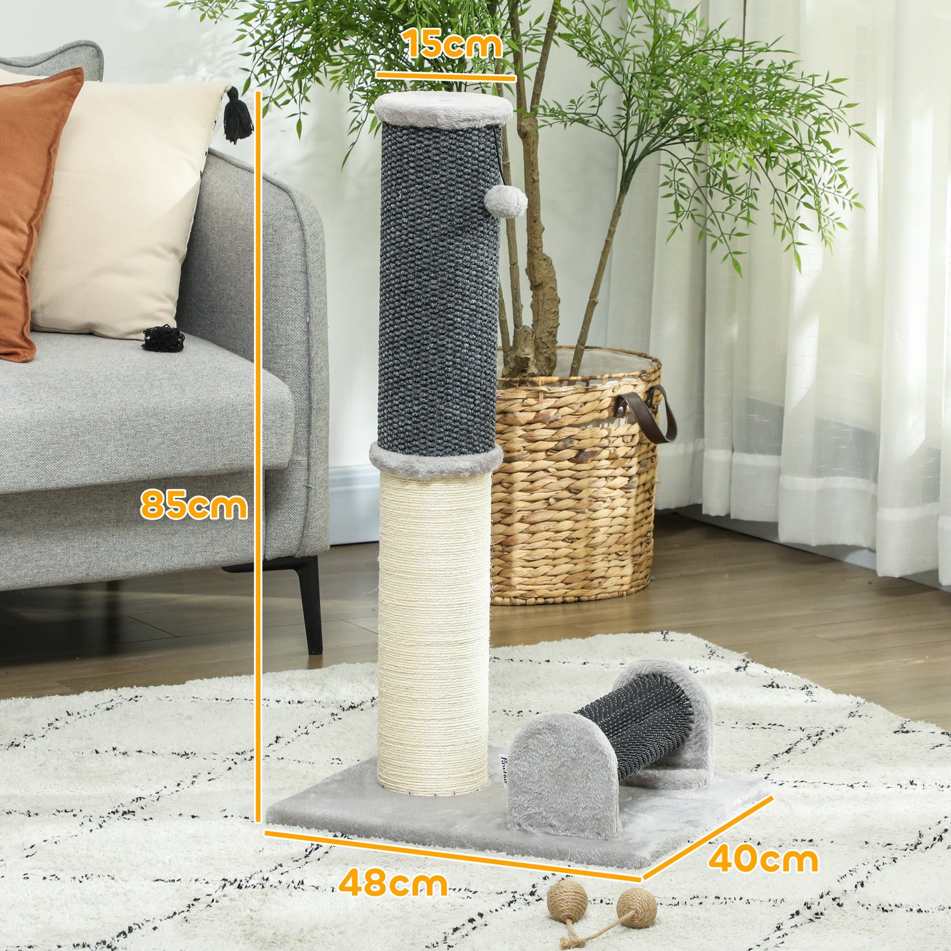 PawHut Arranhador para Gatos 85 cm Arranhador para Gatos com Poste de Sisal Escova de Auto Higiene e Bola Suspensa Cinza e Creme