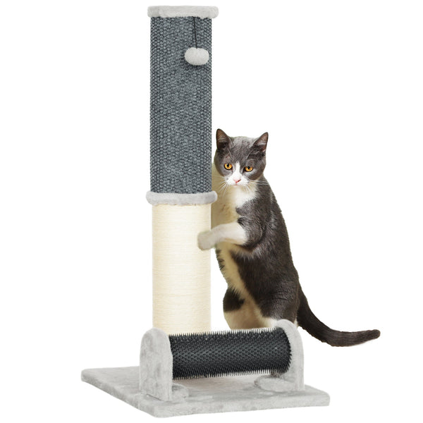 PawHut Arranhador para Gatos 85 cm Arranhador para Gatos com Poste de Sisal Escova de Auto Higiene e Bola Suspensa Cinza e Creme