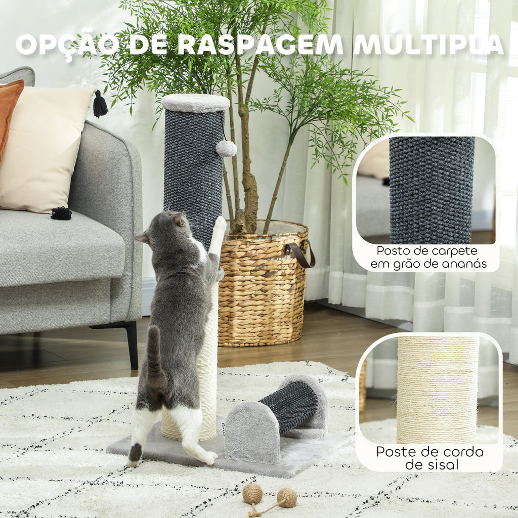 PawHut Arranhador para Gatos 85 cm Arranhador para Gatos com Poste de Sisal Escova de Auto Higiene e Bola Suspensa Cinza e Creme