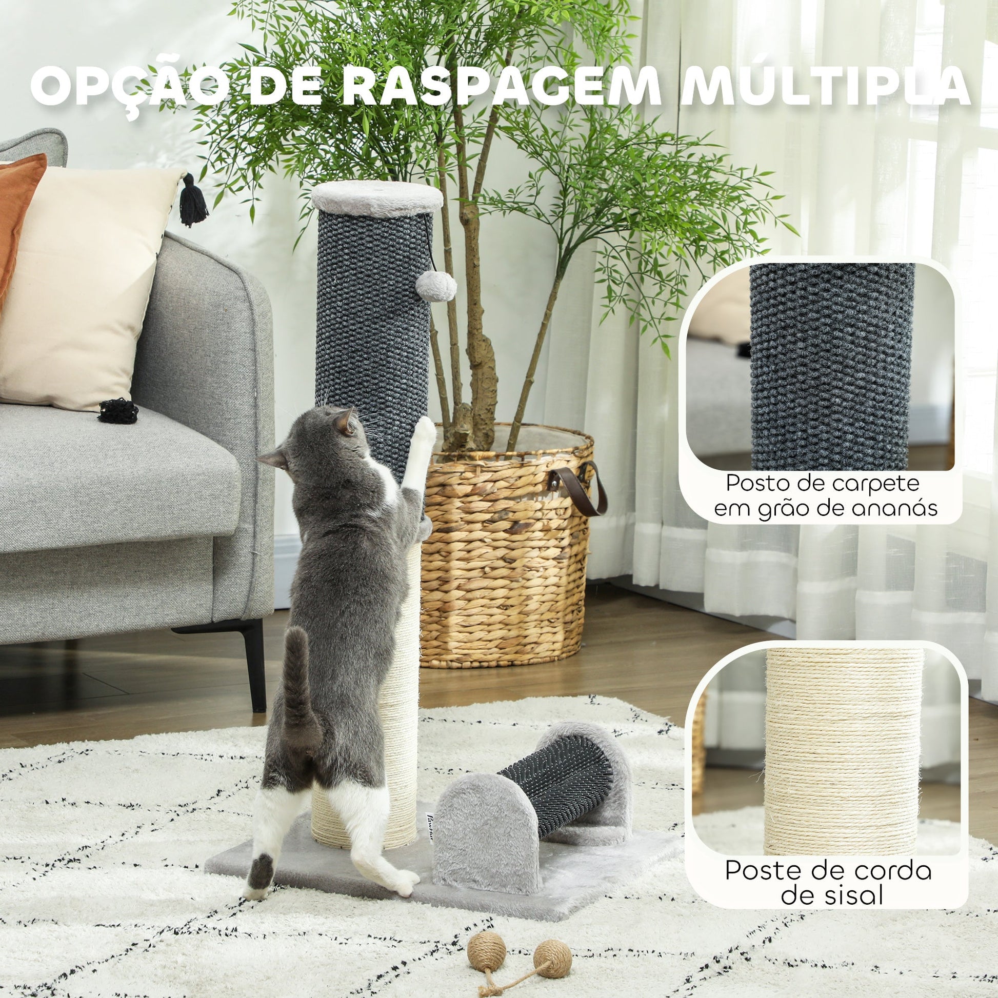 PawHut Arranhador para Gatos 85 cm Arranhador para Gatos com Poste de Sisal Escova de Auto Higiene e Bola Suspensa Cinza e Creme