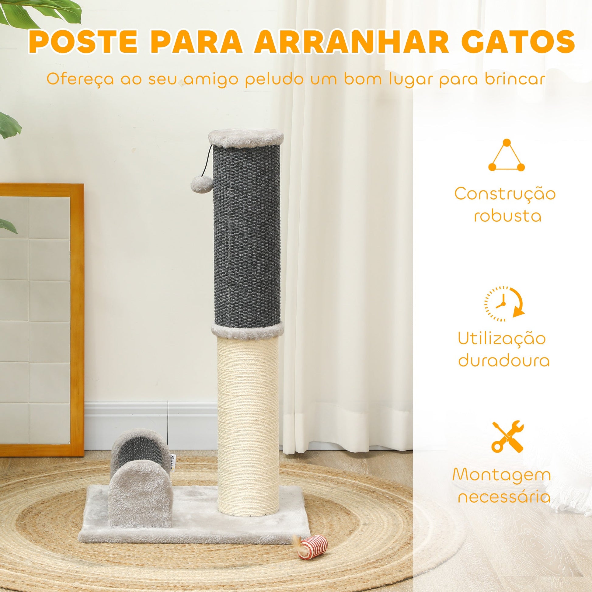 PawHut Arranhador para Gatos 85 cm Arranhador para Gatos com Poste de Sisal Escova de Auto Higiene e Bola Suspensa Cinza e Creme