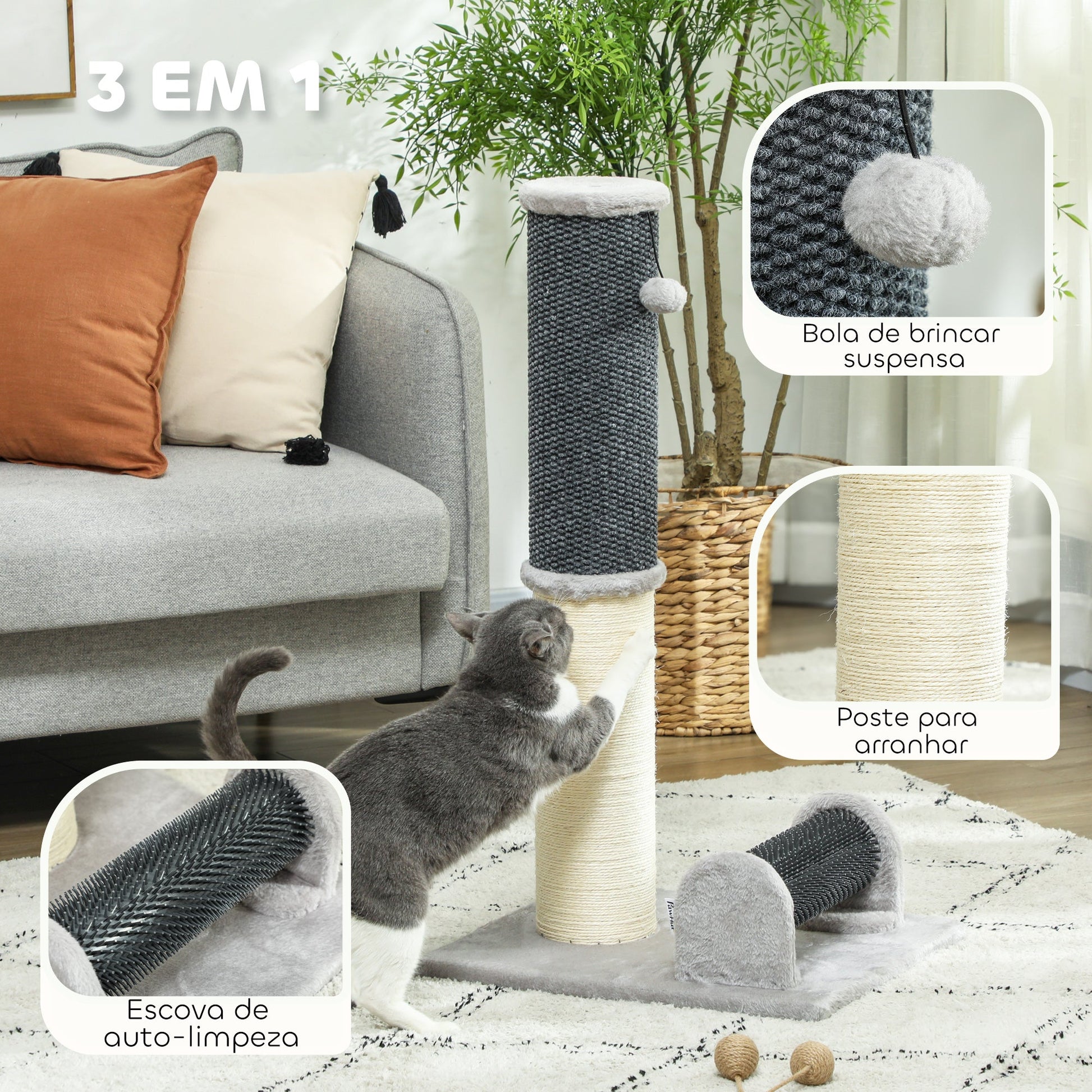 PawHut Arranhador para Gatos 85 cm Arranhador para Gatos com Poste de Sisal Escova de Auto Higiene e Bola Suspensa Cinza e Creme