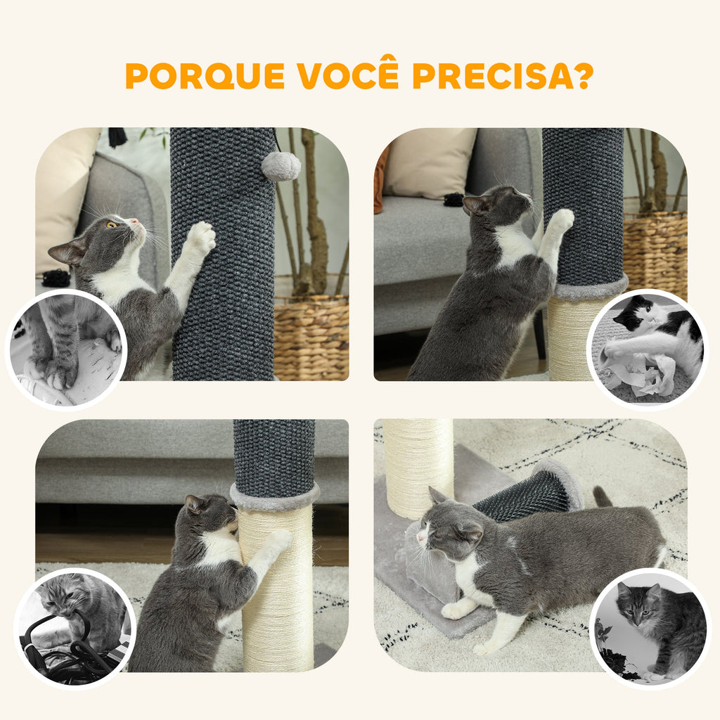 PawHut Arranhador para Gatos 85 cm Arranhador para Gatos com Poste de Sisal Escova de Auto Higiene e Bola Suspensa Cinza e Creme