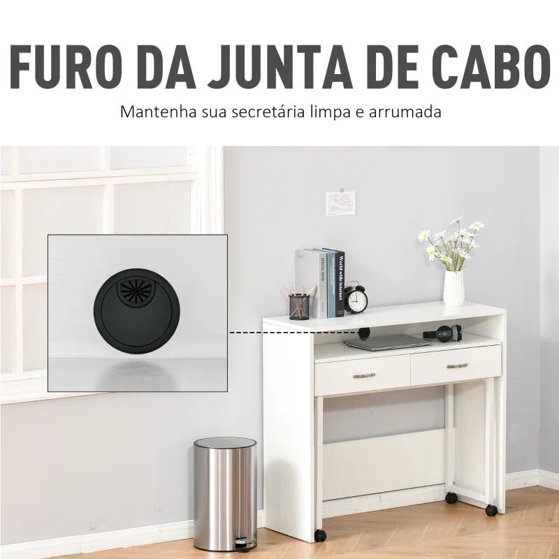 Conjunto de 2 mesas secretária para escritório com rodas 2 gavetas 100x36x88 cm Branco