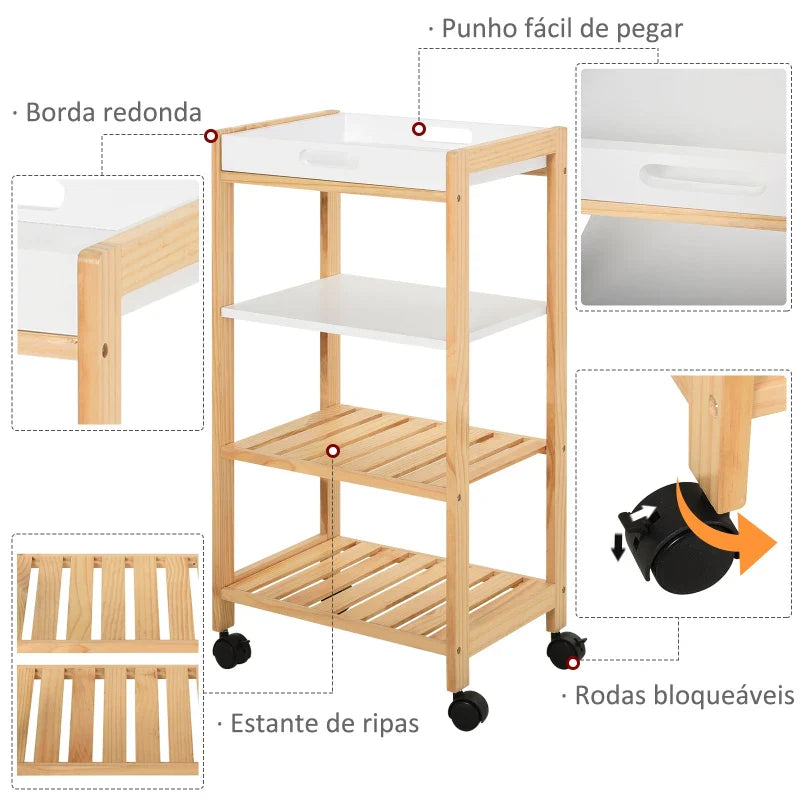 Carrinho de cozinha Carrinho de serviço doméstico de 4 niveis com bandeja removível Prateleira universal de rodas 40x30x76cm Madeira branca