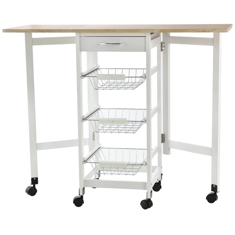 Carrinho de Cozinha Dobrável Carrinho Auxiliar com Rodas 1 Gaveta e 3 Cestos de Metal Carrinho de Serviço Multifuncional para Armazenamento Carga 50 kg 97,2x37x77,5 cm Branco e Madeira