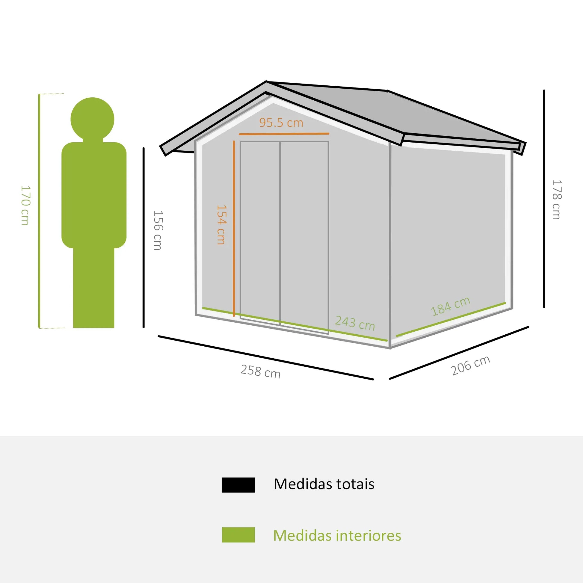 Abrigo de Jardim 258x206x178cm 5,3m² Abrigo de Aço Galvanizado com Portas de Correr e Ventilações para Armazenamento de Ferramentas Jardinagem Verde