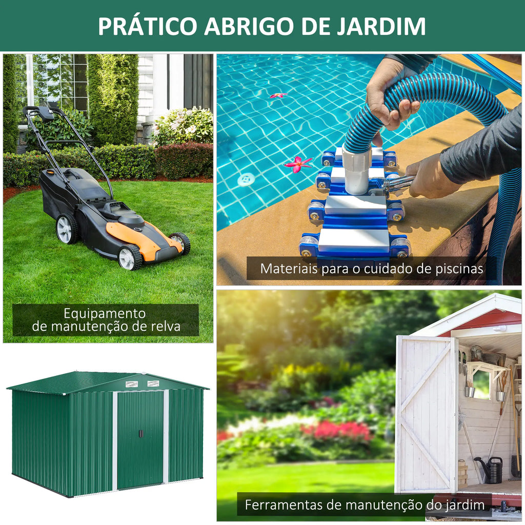 Abrigo de Jardim 258x206x178cm 5,3m² Abrigo de Aço Galvanizado com Portas de Correr e Ventilações para Armazenamento de Ferramentas Jardinagem Verde