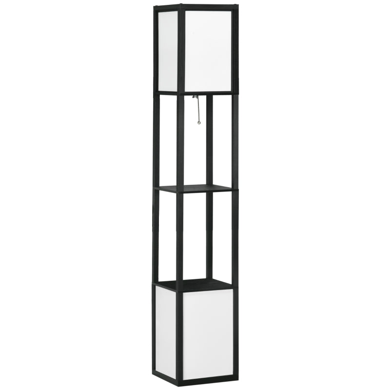Candeeiro de Pé de Madeira com Prateleira de Armazenamento Suporte para Lâmpada E27 Candeeiro Moderno para Sala de Estar Dormitório 26x26x156 cm Preto e Branco