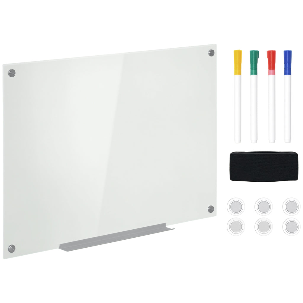 Placa de vidro magnético com bandeja Quadro de parede sem moldura Inclui 4 marcadores e borracha 90x60x0,45 cm Branco