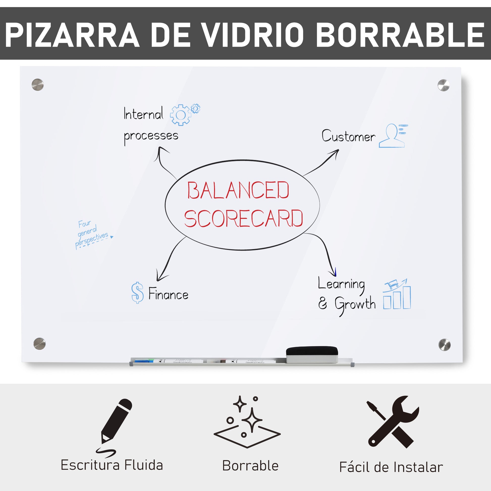 Placa de vidro magnético com bandeja Quadro de parede sem moldura Inclui 4 marcadores e borracha 90x60x0,45 cm Branco