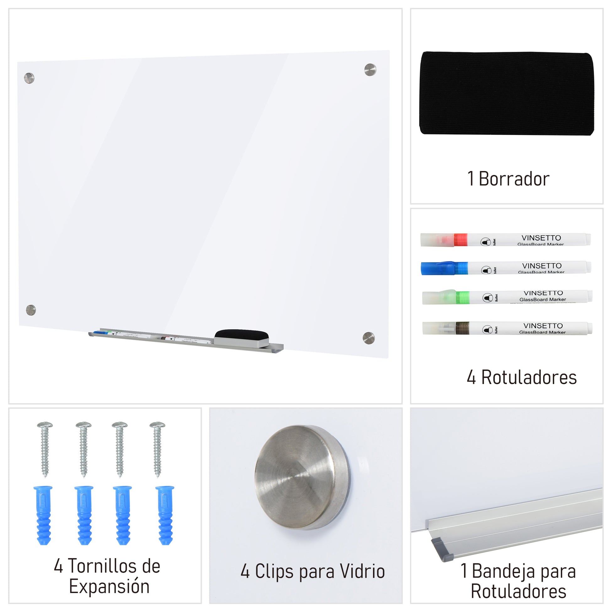 Placa de vidro magnético com bandeja Quadro de parede sem moldura Inclui 4 marcadores e borracha 90x60x0,45 cm Branco